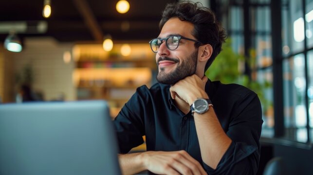  Executive latin  business man working at laptop in office looking away. Happy young businessman professional using computer sitting at desk thinking of corporate technology ai solutions. Copy space 