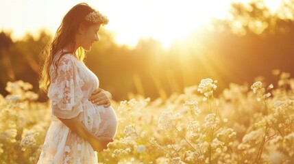 Beautiful pregnant young woman with flowers in sunset time , happy pregnancy .
