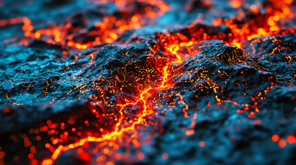 Night landscape with glowing red lava flowing from a volcano in Hawaii, creating a captivating scene.