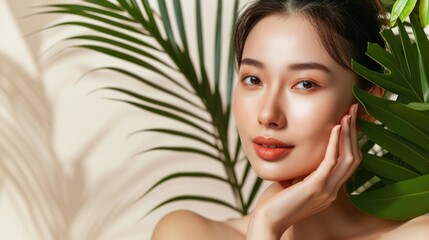 Fototapeta premium Beautiful young asian woman with clean fresh skin on beige background with palm tree leave . Face care, Facial treatment, Cosmetology, beauty and spa, Asian women portrait.