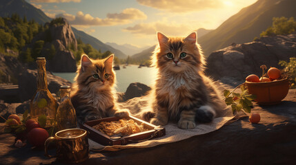 A couple of cats are having a picnic. - obrazy, fototapety, plakaty