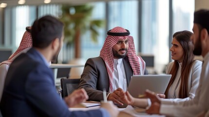 International Business Consultant Advises on Financial Strategy Plan to Successful Arab Company Owners. Multicultural Meeting in Modern Office Between American and Saudi Businessman. - obrazy, fototapety, plakaty