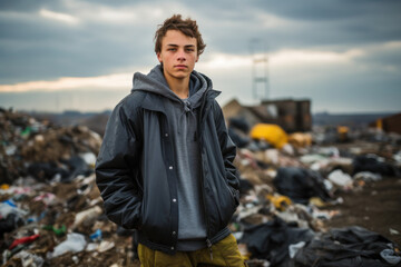 In the harsh reality of a junkyard, a sad young man reflects the environmental and social challenges.