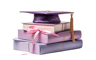 Navigating the Art of Showcasing Academic Success with Lilac Graduation Elements on a White or Clear Surface PNG Transparent Background.