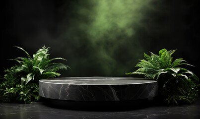 An empty stage with a marble base and leaf decorations beside it. generative ai