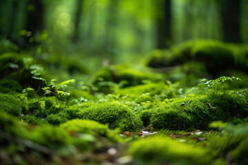 The lush green moss covers the forest floor, creating a prosperous and peaceful natural environment.