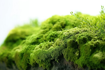 In macro detail, vibrant green moss, symbolizing growth and nature's beauty.