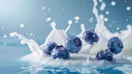Milk splash with blueberries. White liquid with fruits and berries on blue background.