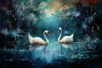 Graceful moonlit swans, gliding across shimmering lakes with elegance and poise - Generative AI