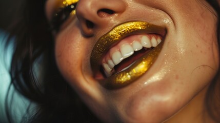 Closeup portrait of a young woman's full face, giggling, matte lipstick, gold eyeshadow, black eyeliner