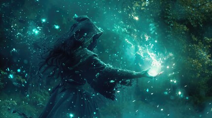 Mystery person with magic blue lights 