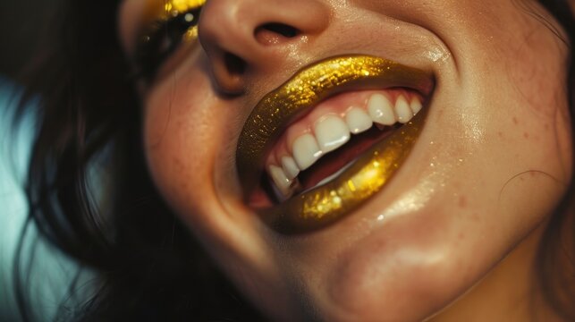 Closeup portrait of a young woman's full face, giggling, matte lipstick, gold eyeshadow, black eyeliner
