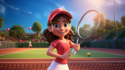 Cartoon Woman tennis player at tennis court 