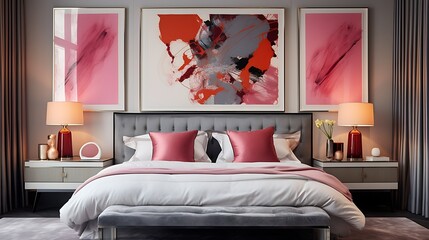 A contemporary and artistic bedroom with bold artwork and statement lighting.