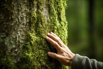 Hand touching of fresh moss on tree trunk in the wild forest. Forest ecology. Wild nature, wild life