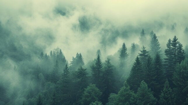 Misty landscape with fir forest in hipster vintage retro style © Hope