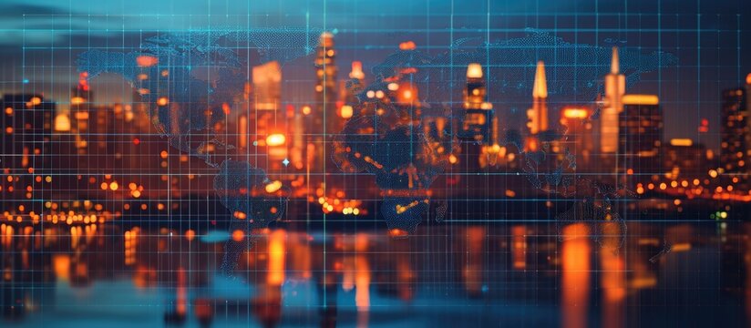 Concept of global trading represented by abstract world map interface with San Francisco skyline as backdrop, featuring multiexposure.