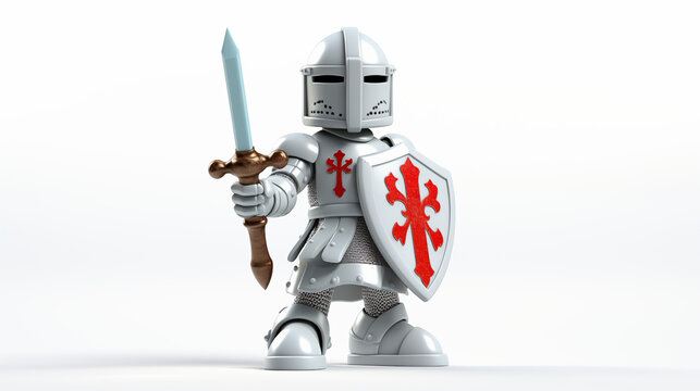 3d cartoon knight in armor with sword on white background