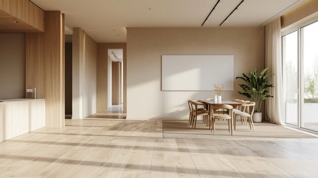 Modern interior design of apartment, dining room with table and chairs, empty living room with beige wall, panorama. 