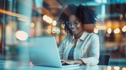 Black Businesswoman Sitting at Her Desk Working on a Laptop Computer. Smiling Successful African American Woman working with Big Data e-Commerce. 