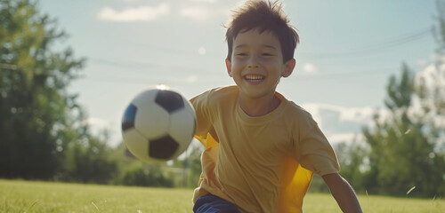 A young boy with bright smile playing soccer on a sunlit field, radiating pure happiness and the innocence of childhood