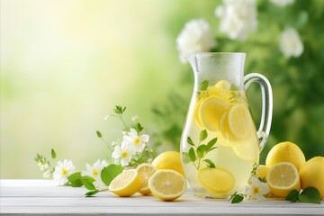 fresh lemonade with lemon in a jug with copy space