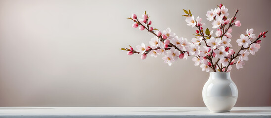 Spring flowers, cherry blossom in a vase, neutral beige minimalist background banner, website header, copy space. Mother's day, Women's Day, spa, easter, card. Generative AI.