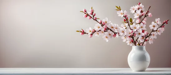 Rollo Spring flowers, cherry blossom in a vase, neutral beige minimalist background banner, website header, copy space. Mother's day, Women's Day, spa, easter, card. Generative AI. ©  DigitalMerchant