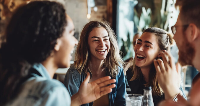 Joyful friends enjoying a conversation at a cozy cafe, sharing laughter and good times together