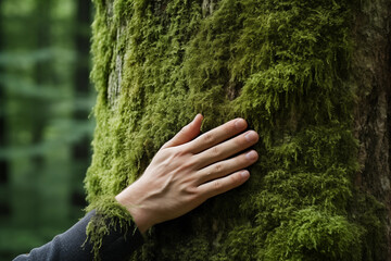 Hand touching of fresh moss on tree trunk in the wild forest. Forest ecology. Wild nature, wild life