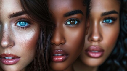 Multi-ethnic beauty. Different ethnicity women - Caucasian, African, Asian and Indian - obrazy, fototapety, plakaty