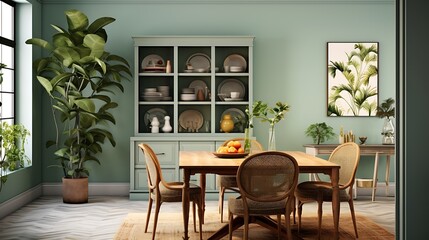 A dining room with a nature-inspired color palette.
