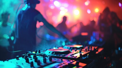 Music DJ set with defocused people dancing at party 