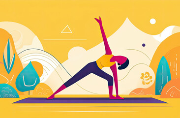 abstract dark skin woman is doing yoga, meditation on the yellow minimalist background in the style of Cubism Art movement. Sport, health, selfcare concept, minimalist style