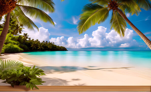 A tropical beach with white sand and tall palm trees against a blue sky background.Illustration. Generative AI
