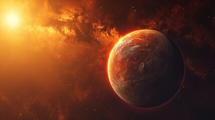 Orange planet . Sunset view from the surface of an alien world, Mysterious alien landscape, space background for pc, desktop planet wallpaper, fantasy 