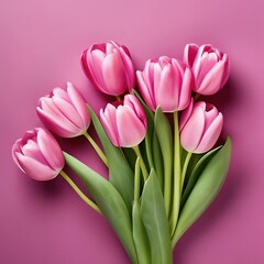 Obraz premium pink tulips on a bright pink background. spring bouquet of flowers with place for text. template for card, banner.