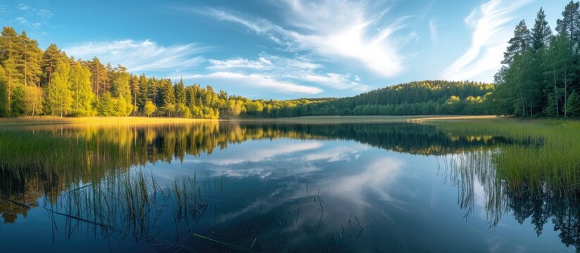 Picturesque, serene reservoir in rural area, surrounded by pristine forest and reflecting peaceful sky. Pure nature's beauty.