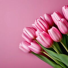 Fototapeta premium pink tulips on a bright pink background. spring bouquet of flowers with place for text. template for card, banner.