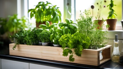 A herb garden in the kitchen for fresh ingredients.