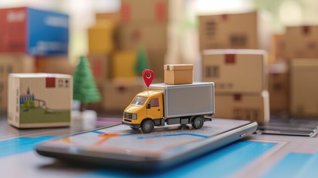 Fast delivery , model of small truck long distance truck for transporting parcels and parcels all over the world . Online shopping and parcel service concept