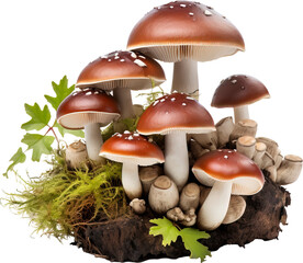 A cluster of wild mushrooms, forest floor variety isolated on transparent background. PNG