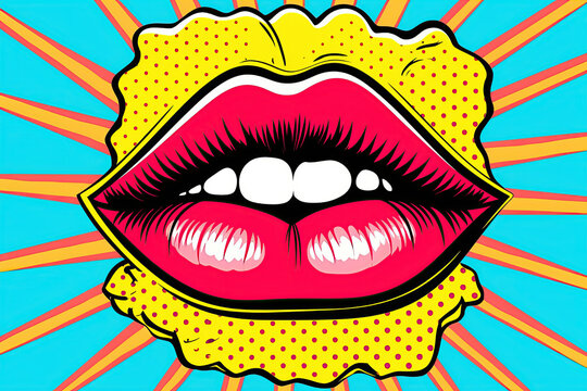Bright pop art illustration of female red lips on the background. Generative AI
