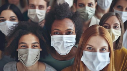 Multiracial milenial friends taking selfie with closed face masks during Covid second wave outbreak - New normal lifestyle concept with young people having fun together  - obrazy, fototapety, plakaty