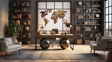 A home office with a global or cultural theme.