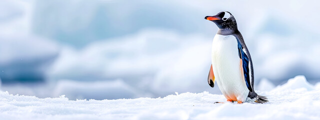 A charming penguin stands on a snowy expanse with a soft-focused icy blue background, evoking the serene and pristine environment of the polar regions