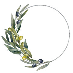 round wreath with olive branch and silver outline. watercolor olive leaves, green and black olives fruit isolated on white. Hand drawn floral illustration, circle frame for wedding design, logo, menu