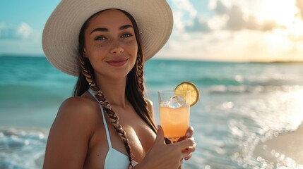 Portrait of beautiful sexy  woman wearing large braided and white bikini hat holds cocktail on the beach