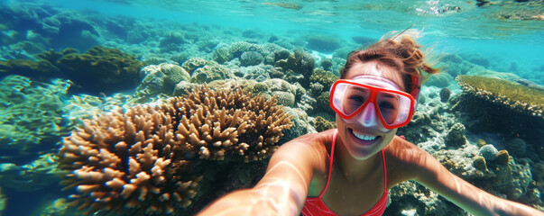 Woman snorkeling takes underwater selfie with tropical coral reef.