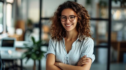 Student young smiling woman looking at camera with crossed arms. Happy girl standing in creative office. Successful stager standing in office with copy space.  - obrazy, fototapety, plakaty